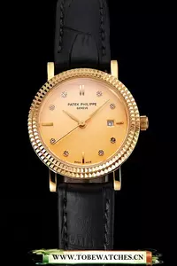 Patek Philippe Calatrava Gold Dial Dimond Hour Marks Double Ribbed Bezel Gold Case Black Leather Strap En122477