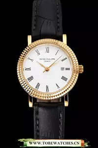 Patek Philippe Calatrava White Dial Roman Numerals Double Ribbed Bezel Gold Case Black Leather Strap En122485