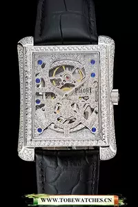 Piaget Emperador Tourbillon Skeleton Silver Diamond Case Black Leather Bracelet En124559