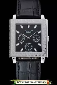 Piaget Emperador Limited Edition Black Dial Engraved Silver Case Black Leather Bracelet En125133