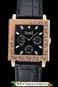 Piaget Emperador Limited Edition Black Dial Engraved Gold Case Black Leather Bracelet En125134