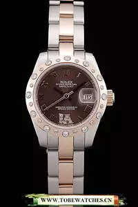 Rolex Datejust Brushed Stainless Steel Case Brown Dial Diamond Plated En58684