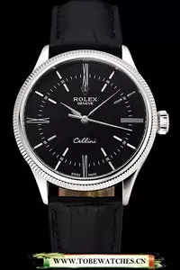 Rolex Cellini Time Silver Case Black Dial Black Leather Bracelet En60538