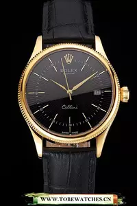 Rolex Cellini Date Black Dial Gold Case Black Leather Strap En121603