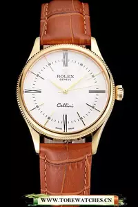 Rolex Cellini White Dial Roman Numerals Gold Case Light Brown Leather Strap En121616