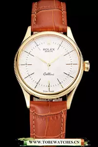 Rolex Cellini White Guilloche Dial Gold Case Light Brown Leather Strap En121617