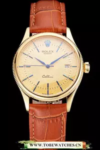 Rolex Cellini Date Gold Guilloche Dial Gold Case Light Brown Leather Strap En121618