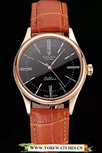 Rolex Cellini Black Dial Roman Numerals Rose Gold Case Light Brown Leather Strap En121622