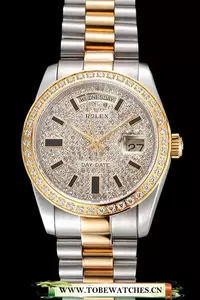Rolex Day Date Diamond Pave Dial And Bezel Stainless Steel Case Two Tone Bracelet En123402