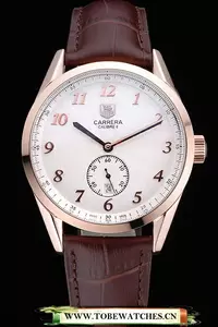 Tag Heuer Carerra Calibre 6 White Dial Red Numbers Brown Leather Band En60059