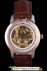 Vacheron Constantin White Skeleton Watch With Rose Gold Bezel And Brown Leather Strap En59629