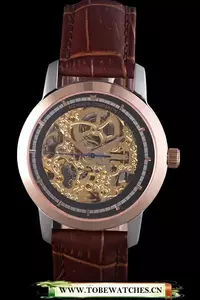 Vacheron Constantin Black Skeleton Watch With Rose Gold Bezel And Brown Leather Strap En59630