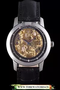 Vacheron Constantin Black Skeleton Watch With Silver Bezel And Black Leather Strap En59632