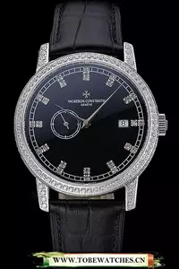 Vacheron Constantin Patrimony Contemporaine Steel Diamond Case Black Dial Black Leather En60610