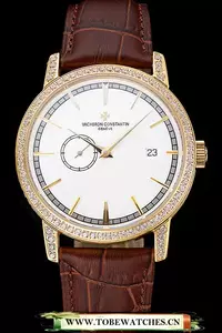 Vacheron Constantin Patrimony Contemporaine Gold Diamond Case White Dial Brown Leather En60611