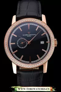 Vacheron Constantin Patrimony Contemporaine Gold Diamond Case Black Dial Black Leather En60612