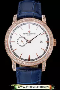 Vacheron Constantin Patrimony Contemporaine Gold Diamond Case White Dial Blue Leather En60613