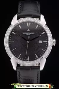 Vacheron Constantin Traditionnelle Black Dial Stainless Steel Diamond Case Black Leather Bracelet En105422