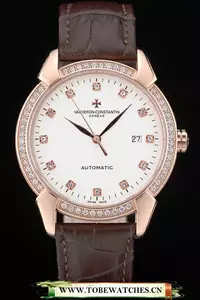 Vacheron Constantin Traditionnelle White Dial Rose Gold Diamond Case Brown Leather Bracelet En105482