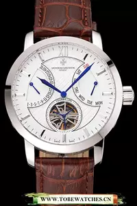 Vacheron Constantin Tourbillon White Dial Stainless Steel Case Brown Leather Bracelet En112863