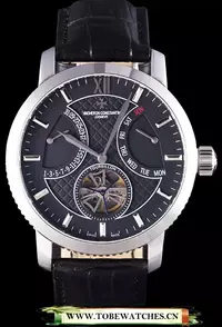 Vacheron Constantin Tourbillon Black Dial Stainless Steel Case Black Leather Bracelet En112873