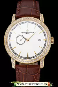 Vacheron Constantin Patrimony Contemporaine Gold Diamond Case White Dial Brown Leather Bracelet En120086