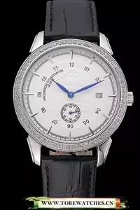 Vacheron Constantin Traditionnelle White Ship Dial Stainless Steel Case With Diamonds Black Leather Strap En121430