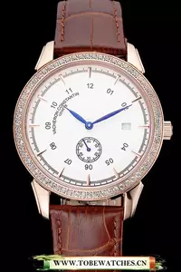 Vacheron Constantin Traditionnelle White Ship Dial Rose Gold Case With Diamonds Brown Leather Strap En121432