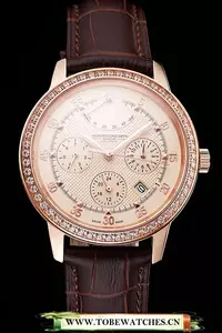 Vacheron Constantin Traditionnelle Power Reserve Rose Gold Dial And Case Diamond Bezel Brown Leather Strap En122013