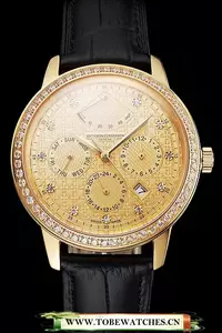 Vacheron Constantin Traditionnelle Power Reserve Gold Dial And Case Diamond Bezel Black Leather Strap En122014