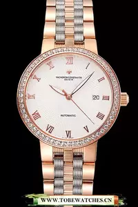 Vacheron Constantin Traditionnelle White Dial Diamond Bezel Rose Gold Case Two Tone Bracelet En122015