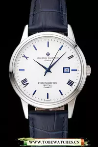 Vacheron Constantin Patrimony Chronometre Royal White Dial Stainless Steel Case Blue Leather Strap En123407