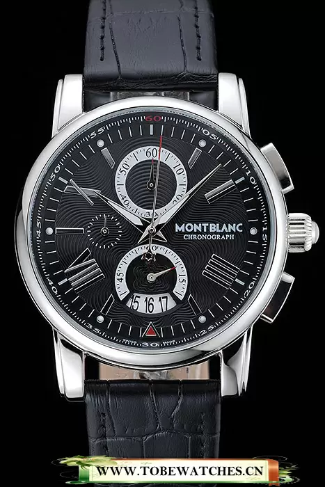 Montblanc Chronograph Black Dial Black Leather Bracelet Silver Case En125118