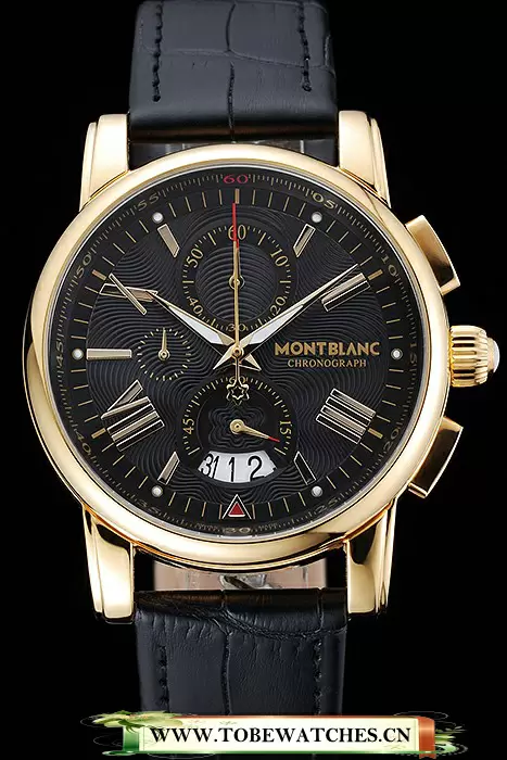 Montblanc Chronograph Black Dial Black Leather Bracelet Gold Case En125119