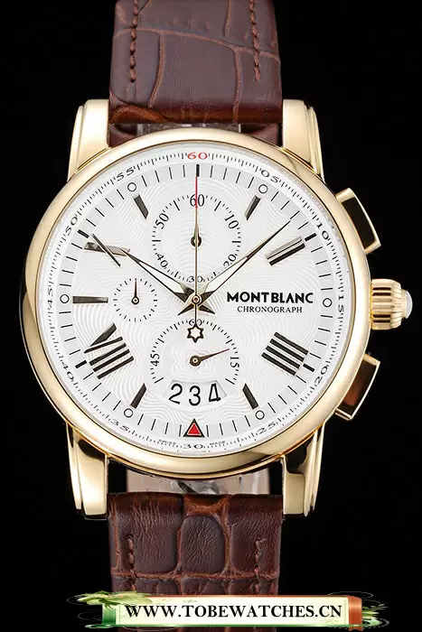 Montblanc Chronograph White Dial Brown Leather Bracelet Gold Case En125120