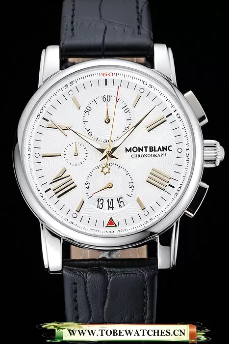 Montblanc Chronograph White Dial Black Leather Bracelet Silver Case En125121