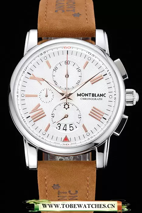 Montblanc Chronograph White Dial Brown Suede Leather Bracelet Silver Case En125122