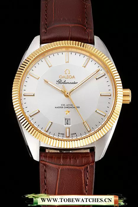 Omega Globemaster Silver Dial Gold Bezel Stainless Steel Case Brown Leather Strap En122239