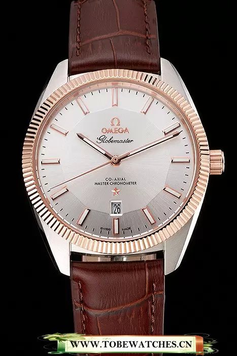 Omega Globemaster Silver Dial Rose Gold Bezel Stainless Steel Case Brown Leather Strap En122241