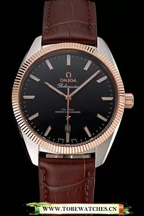 Omega Globemaster Black Dial Rose Gold Bezel Stainless Steel Case Brown Leather Strap En122242