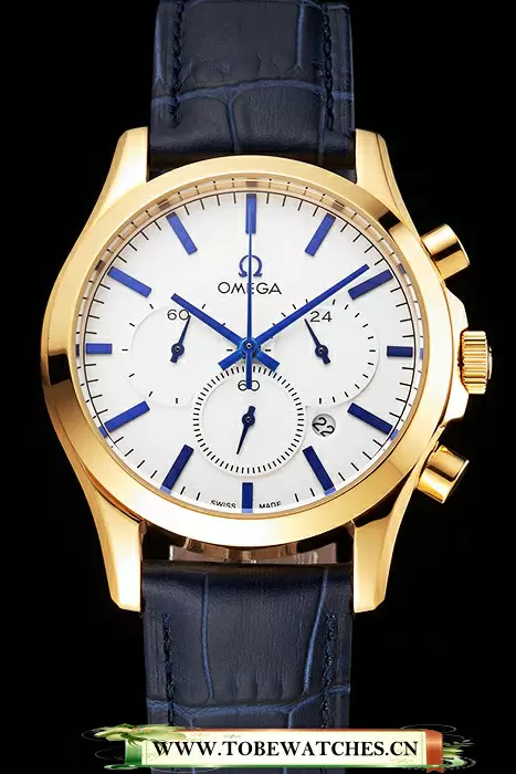 Omega Chronograph White Dial Gold Case Blue Leather Strap En123354