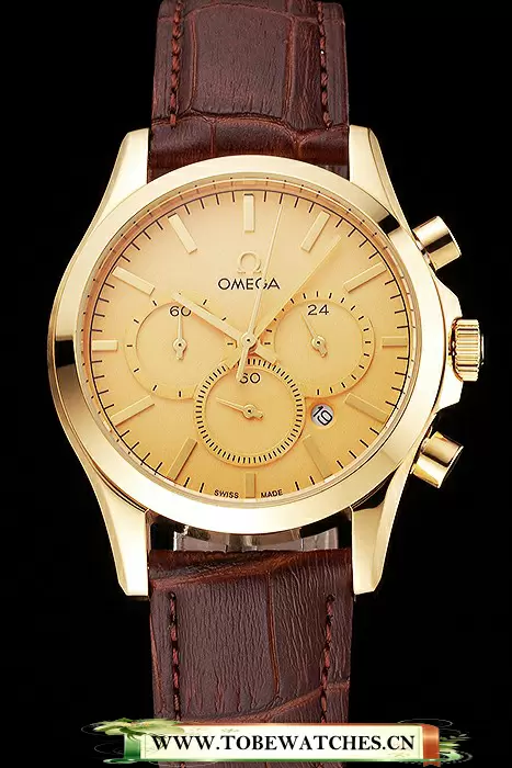Omega Chronograph Gold Dial Gold Case Brown Leather Strap En123355