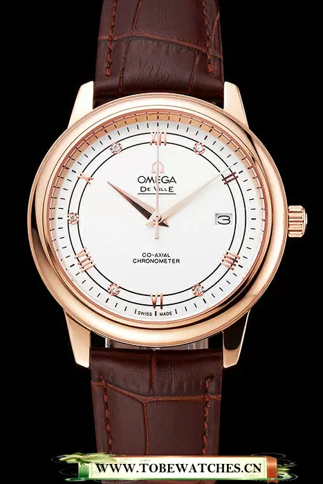 Omega De Ville Prestige White Dial Rose Gold Case Brown Leather Strap En123360