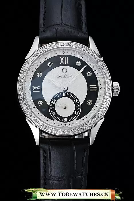 Omega DeVille Prestige Black Dial Silver Diamond Case Black Leather Bracelet En125127