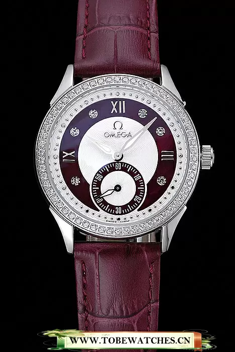 Omega DeVille Prestige Dark Red Dial Silver Diamond Case Dark Red Leather Bracelet En125128