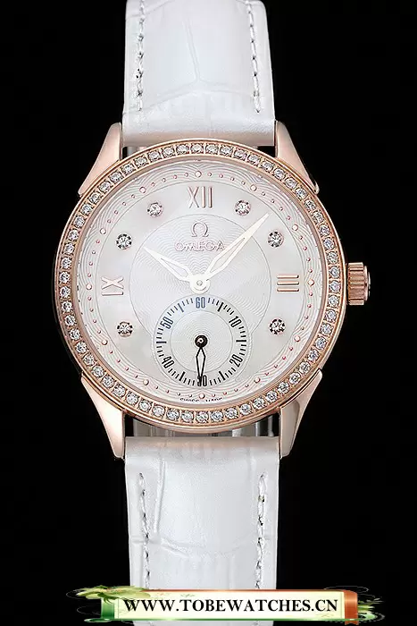 Omega DeVille Prestige White Dial Gold Diamond Case White Leather Bracelet En125129