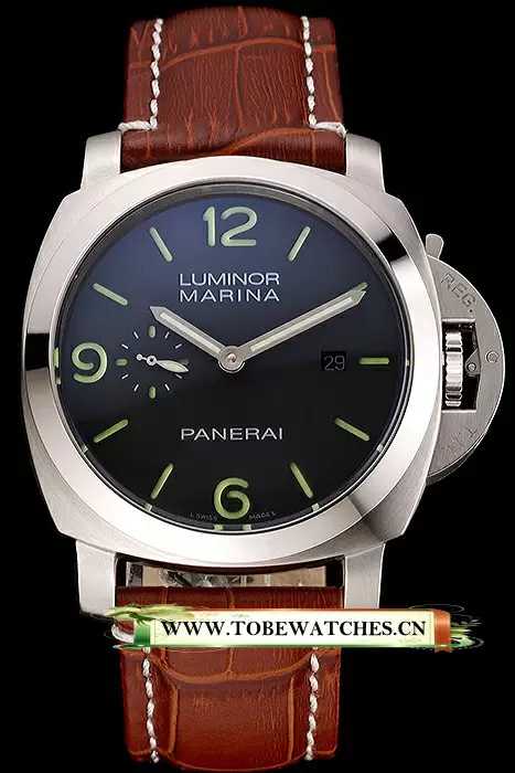 Panerai Luminor Marina 1950 Black Dial Brushed Steel Case Light Brown Leather Strap En121402
