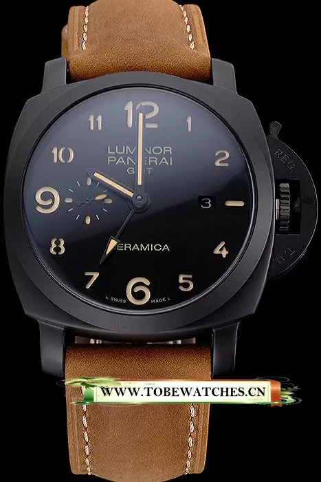 Panerai Luminor 1950 GMT Ceramica Black Dial Matte Black Case Brown Suede Leather Strap En121405