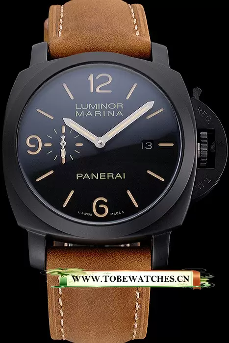 Panerai Luminor Marina Black Dial Matte Black Steel Case Brown Suede Leather Strap En121406