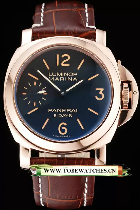 Panerai Luminor Marina 8 Days Black Dial Rose Gold Case Brown Leather Strap En122049